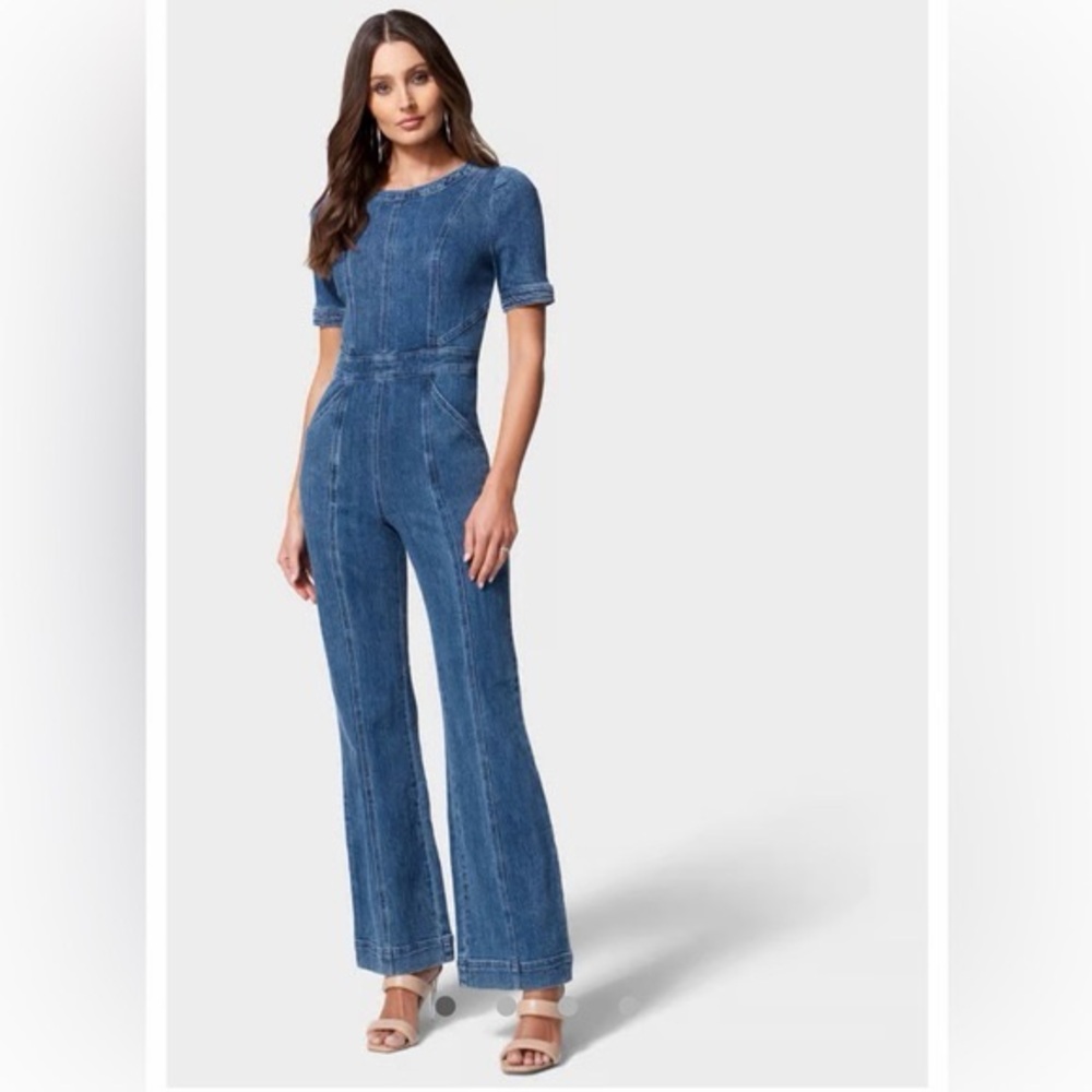 Bebe denim puff shoulder flare romper